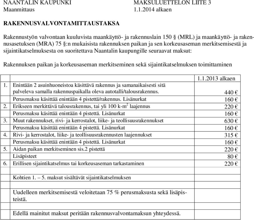 sen korkeusaseman merkitsemisestä ja sijaintikatselmuksesta on suoritettava Naantalin kaupungille seuraavat maksut: Rakennuksen paikan ja korkeusaseman merkitseminen sekä sijaintikatselmuksen