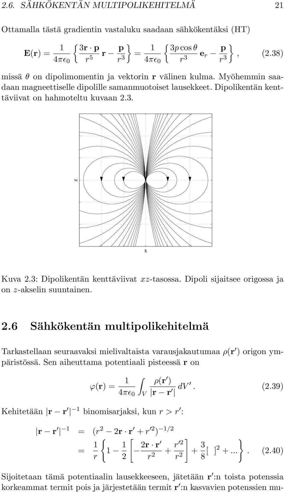 3: Dipolikentän kenttäviivat xz-tasossa. Dipoli sijaitsee origossa ja on z-akselin suuntainen. 2.
