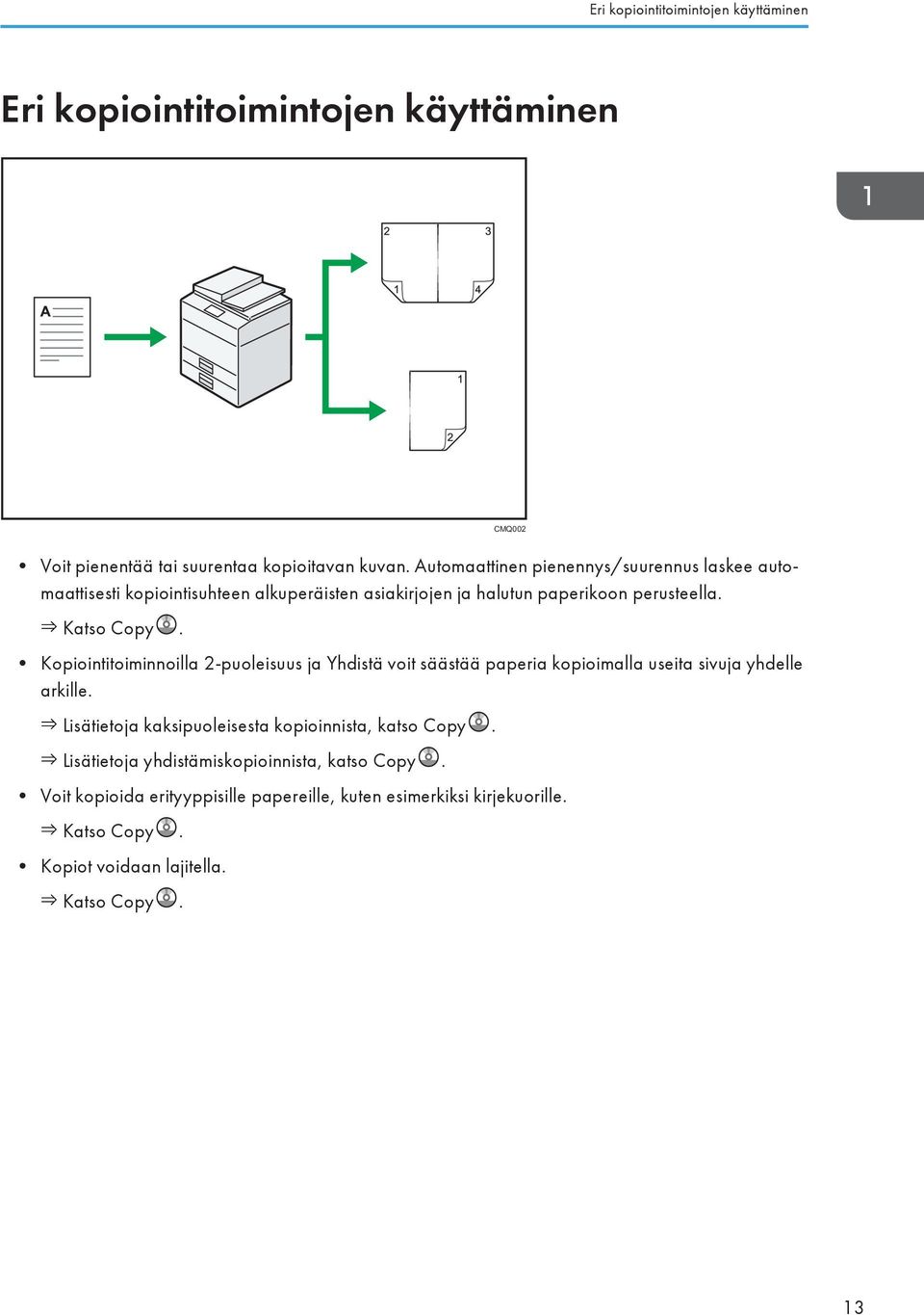 Kopiointitoiminnoilla 2-puoleisuus ja Yhdistä voit säästää paperia kopioimalla useita sivuja yhdelle arkille.