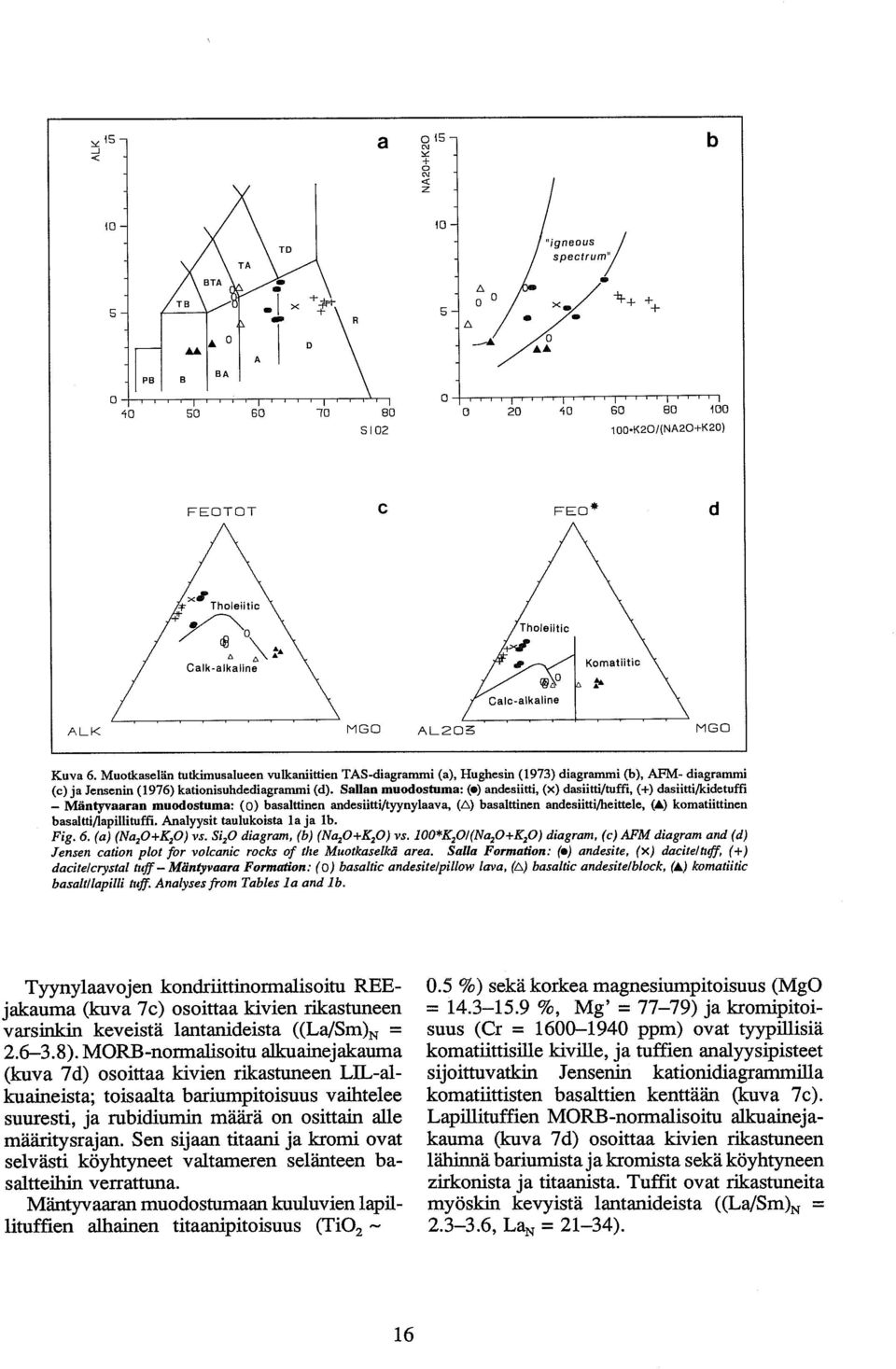 Sallan muodosiuma: (e) andcsiitti, (x) dasiitti/tuffi, (+) dasiitti/kidetufi - Mäntyvaaran muodostuma: (0) basalttinen andesiitti/tyynylaava, (A) basalttinen andesiitti/heittele, (A) komatiittinen