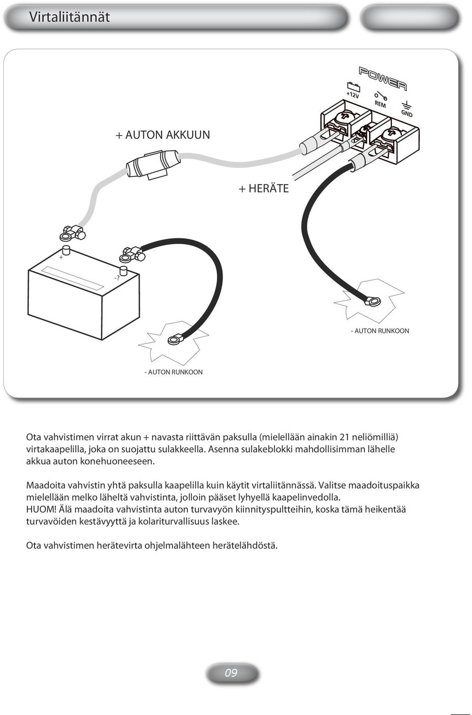 Asenna sulakeblokki mahdollisimman lähelle akkua auton konehuoneeseen. Maadoita vahvistin yhtä paksulla kaapelilla kuin käytit virtaliitännässä.