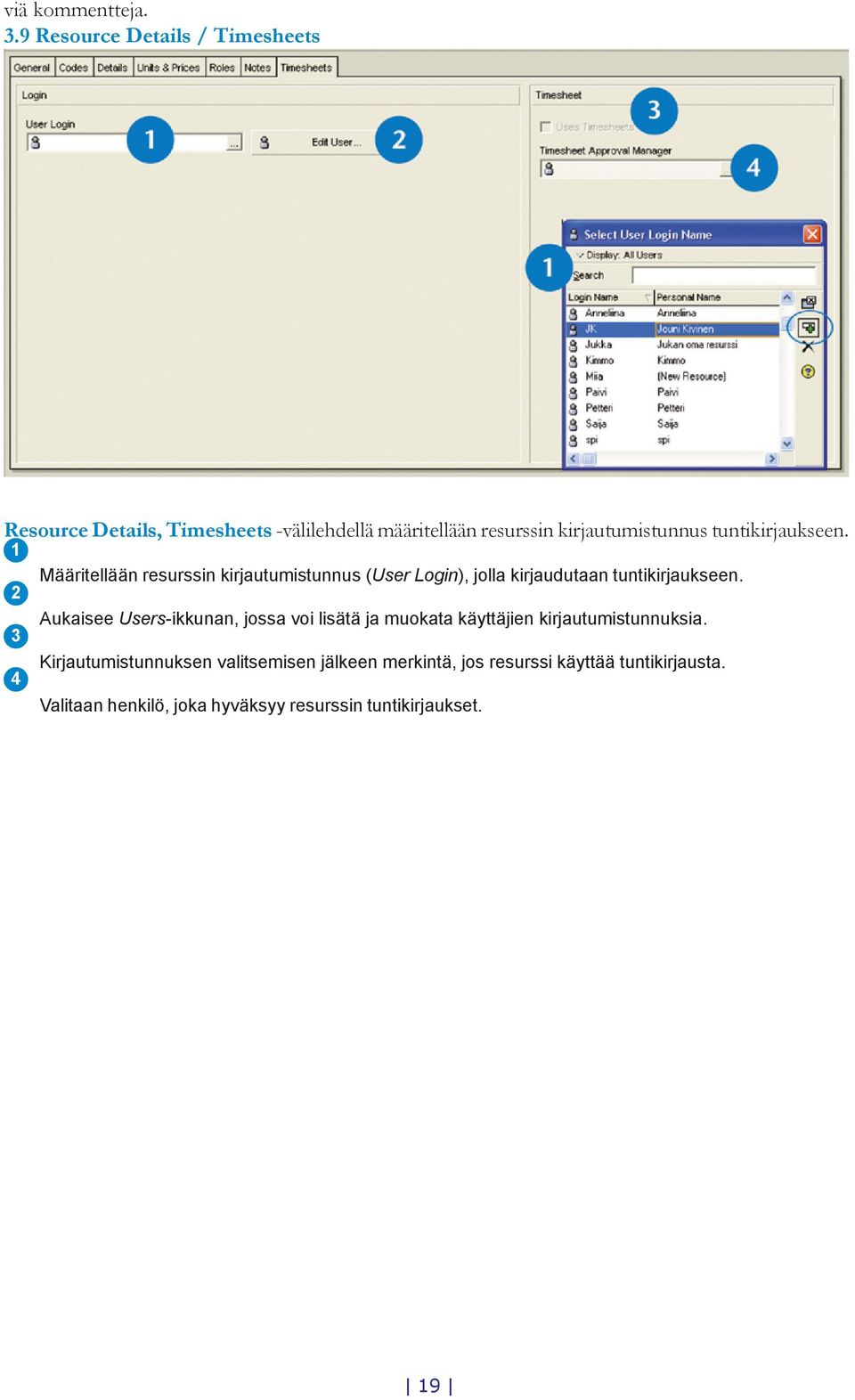 tuntikirjaukseen. Määritellään resurssin kirjautumistunnus (User Login), jolla kirjaudutaan tuntikirjaukseen.