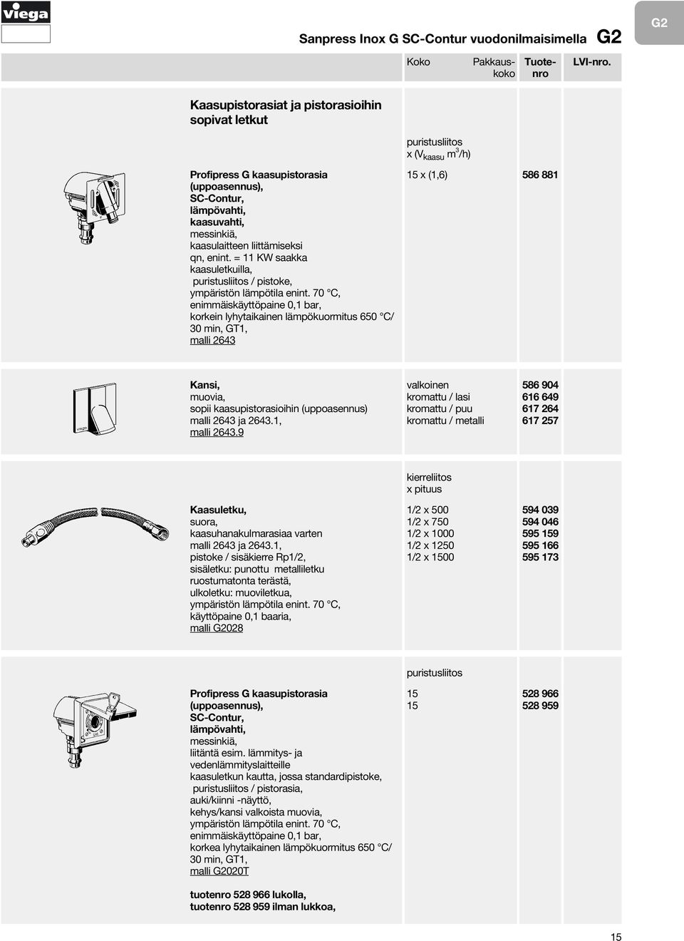 = 11 KW saakka kaasuletkuilla, puristusliitos / pistoke, enimmäiskäyttöpaine 0,1 bar, korkein lyhytaikainen lämpökuormitus 650 C/ 30 min, GT1, malli 2643 puristusliitos x (V kaasu m 3 /h) 15 x (1,6)