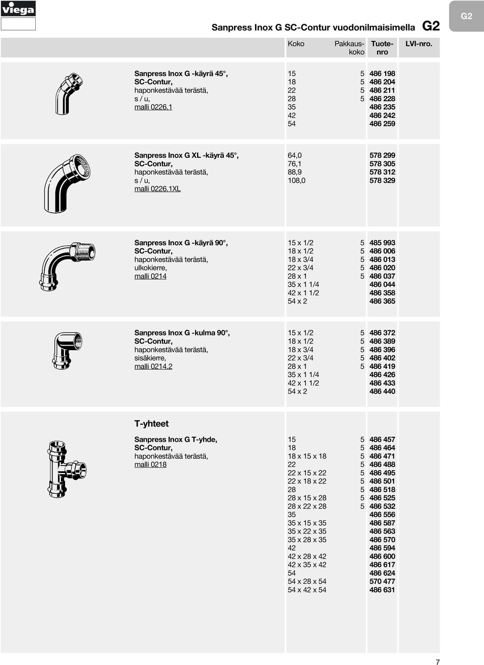 1XL 578 299 578 305 578 312 578 329 Sanpress Inox G -käyrä 90, ulkokierre, malli 0214 15 x 1/2 5 18 x 1/2 5 18 x 3/4 5 22 x 3/4 5 28 x 1 5 35 x 1 1/4 x 1 1/2 x 2 485 993 486 006 486 013 486 020 486