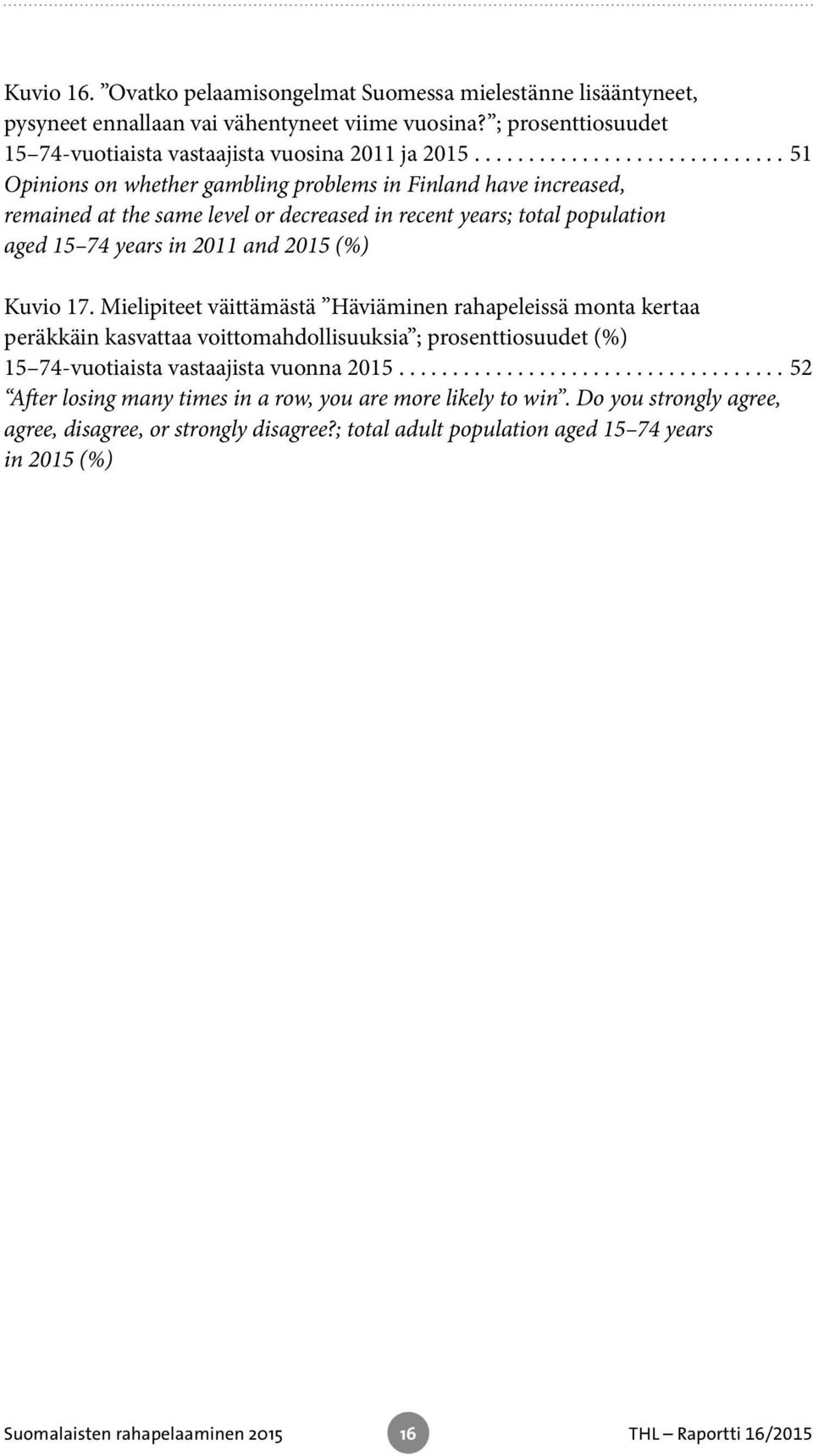 17. Mielipiteet väittämästä Häviäminen rahapeleissä monta kertaa peräkkäin kasvattaa voittomahdollisuuksia ; prosenttiosuudet (%) 15 74-vuotiaista vastaajista vuonna 2015.