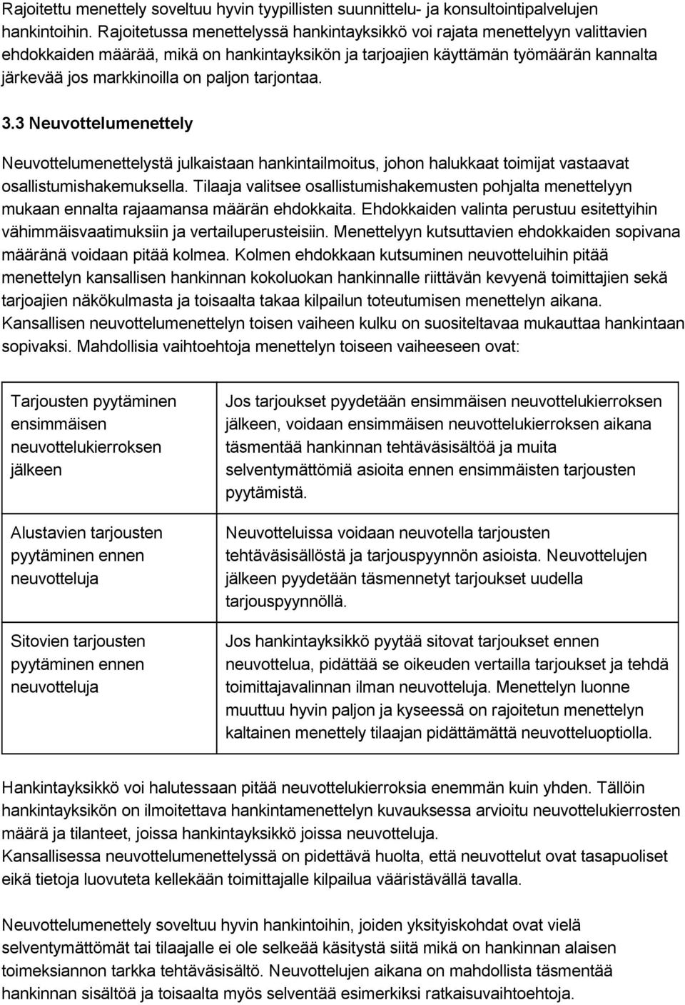 tarjontaa. 3.3 Neuvottelumenettely Neuvottelumenettelystä julkaistaan hankintailmoitus, johon halukkaat toimijat vastaavat osallistumishakemuksella.