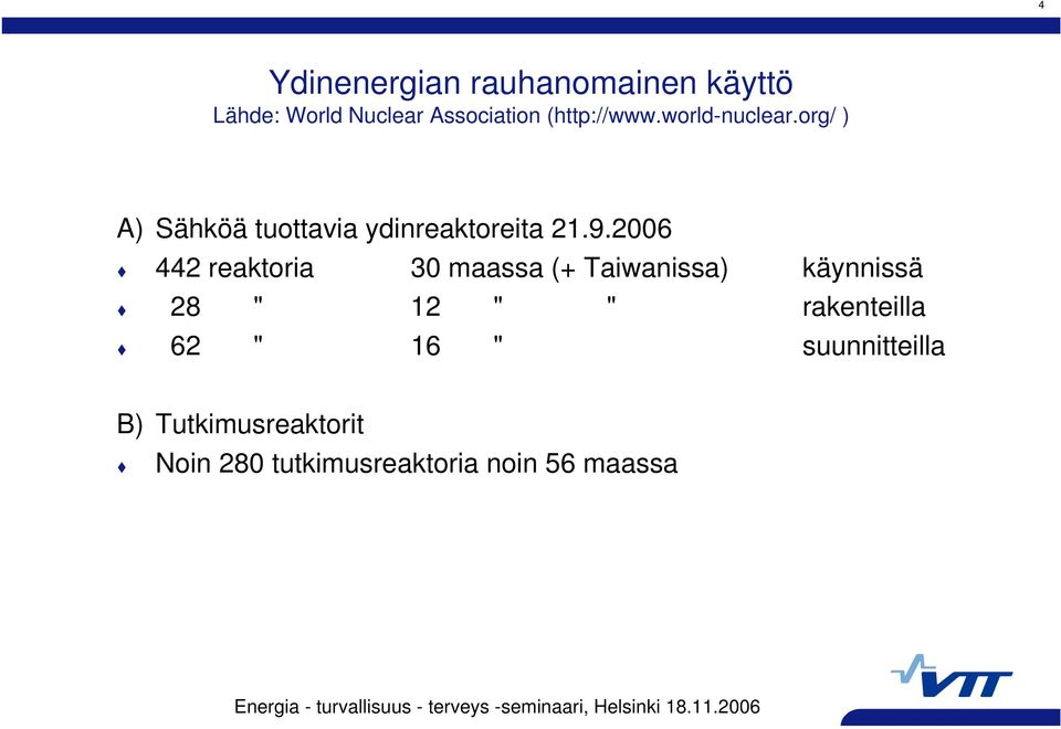 2006 442 reaktoria 30 maassa (+ Taiwanissa) käynnissä 28 " 12 " "