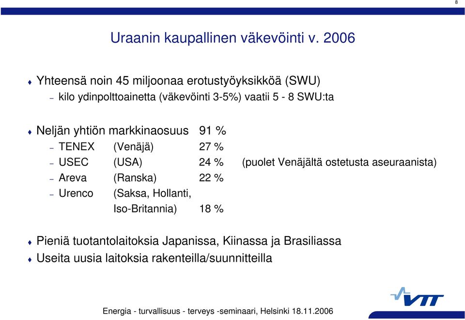 SWU:ta Neljän yhtiön markkinaosuus 91 % TENEX (Venäjä) 27 % USEC (USA) 24 % (puolet Venäjältä ostetusta