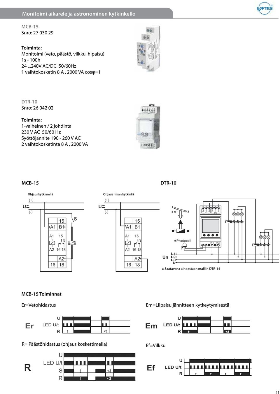 ..240V AC/DC 50/60Hz 1 vaihtokosketin 8 A, 2000 VA cosφ=1 DTR-10 Snro: 26 042 02 1-vaiheinen / 2 johdinta 230 V