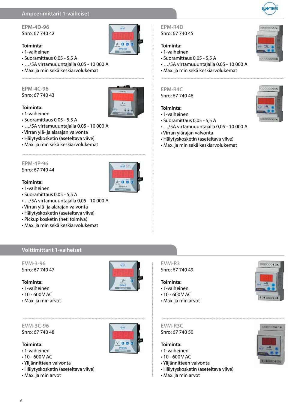 ja min sekä keskiarvolukemat EPM-4C-96 Snro: 67 740 43 Suoramittaus 0,05-5,5 A /5A virtamuuuntajalla 0,05-10 000 A Virran ylä- ja alarajan valvonta Hälytyskosketin (aseteltava viive) Max.