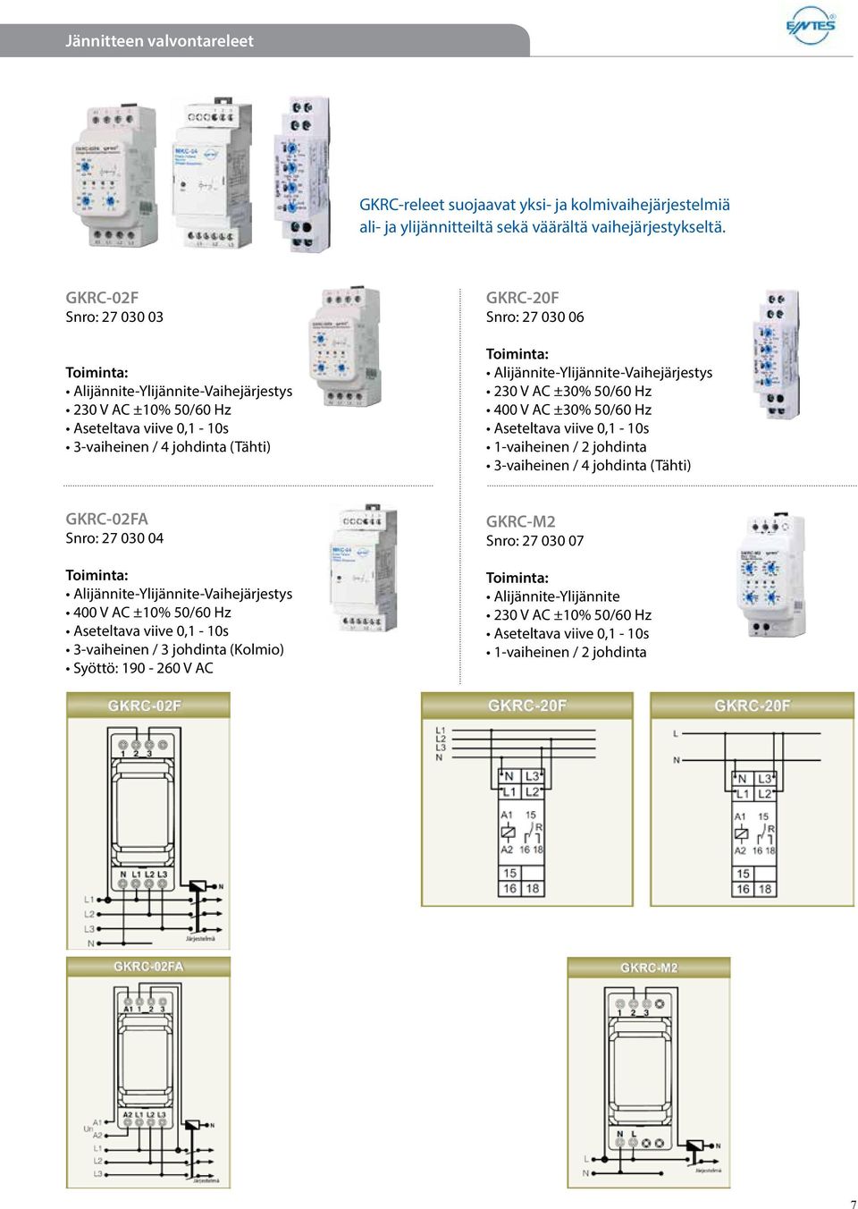 Alijännite-Ylijännite-Vaihejärjestys 230 V AC ±30% 50/60 Hz 400 V AC ±30% 50/60 Hz Aseteltava viive 0,1-10s / 2 johdinta 3-vaiheinen / 4 johdinta (Tähti) GKRC-02FA Snro: 27 030 04