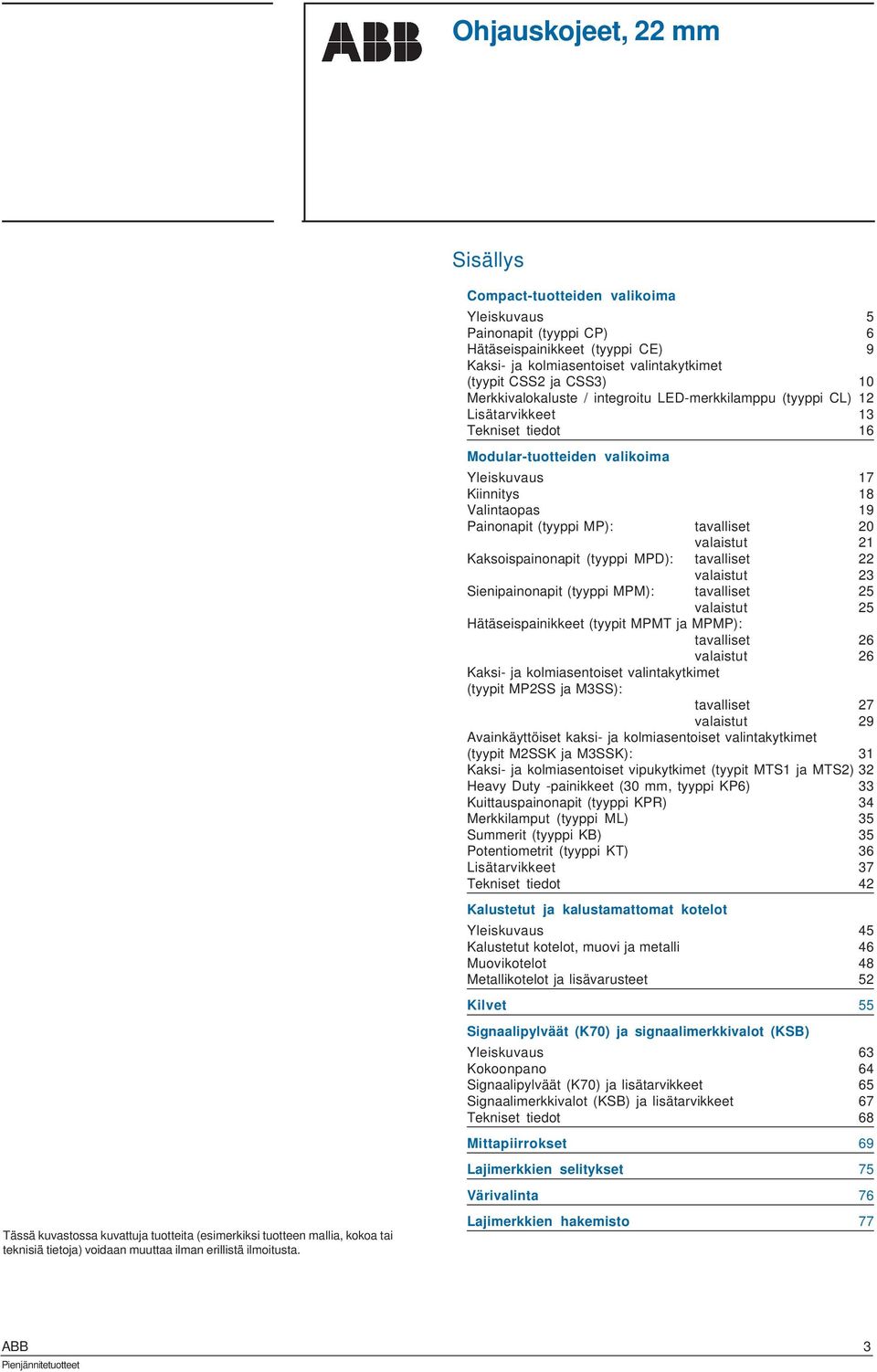 LED-merkkilamppu (tyyppi CL) 12 Lisätarvikkeet 13 Tekniset tiedot 16 Modular-tuotteiden valikoima Yleiskuvaus 17 Kiinnitys 18 Valintaopas 19 Painonapit (tyyppi MP): tavalliset 20 valaistut 21