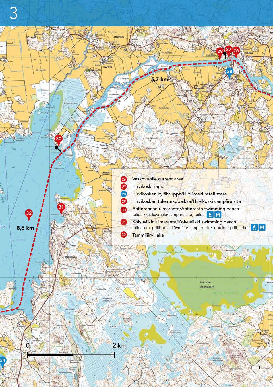 uimaranta/antinranta swimming beach tulipaikka, käymälä/campfire site, toilet 8,6 km 31 32 Koivuviikin