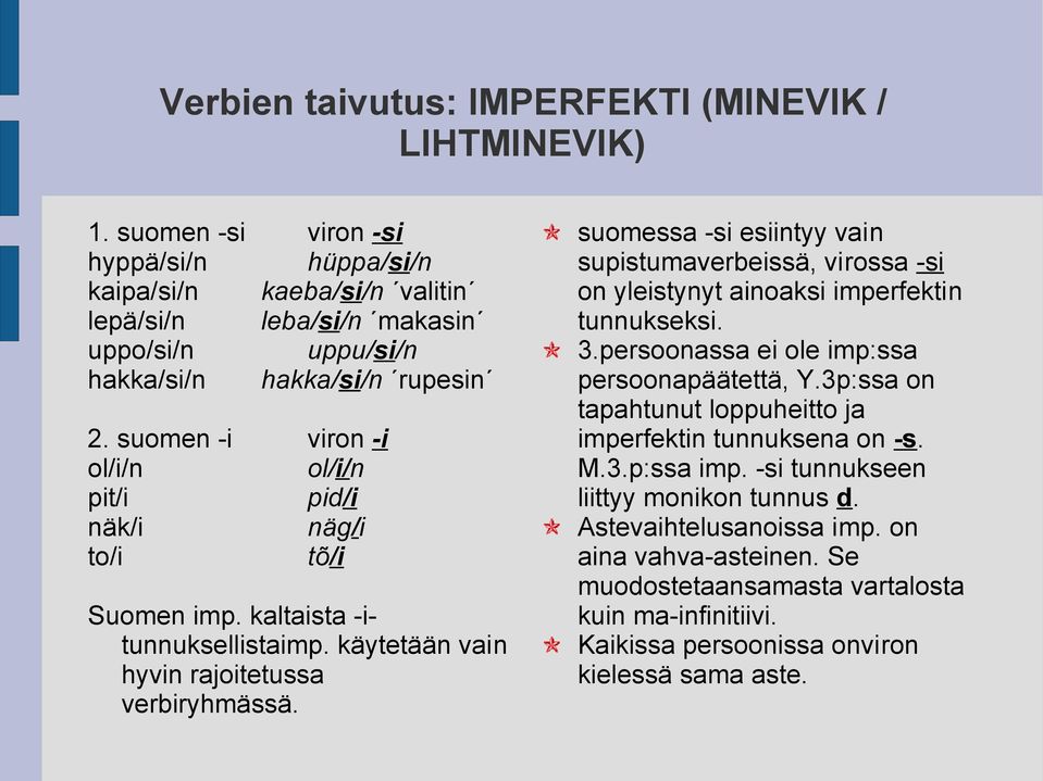 suomen -i viron -i ol/i/n ol/i/n pit/i pid/i näk/i näg/i to/i tõ/i Suomen imp. kaltaista -itunnuksellistaimp. käytetään vain hyvin rajoitetussa verbiryhmässä.