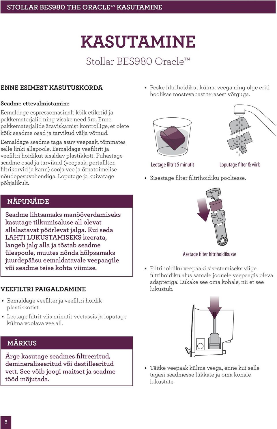 Eemaldage veefiltrit ja veefiltri hoidikut sisaldav plastikkott. Puhastage seadme osad ja tarvikud (veepaak, portafilter, filtrikorvid ja kann) sooja vee ja õrnatoimelise nõudepesuvahendiga.