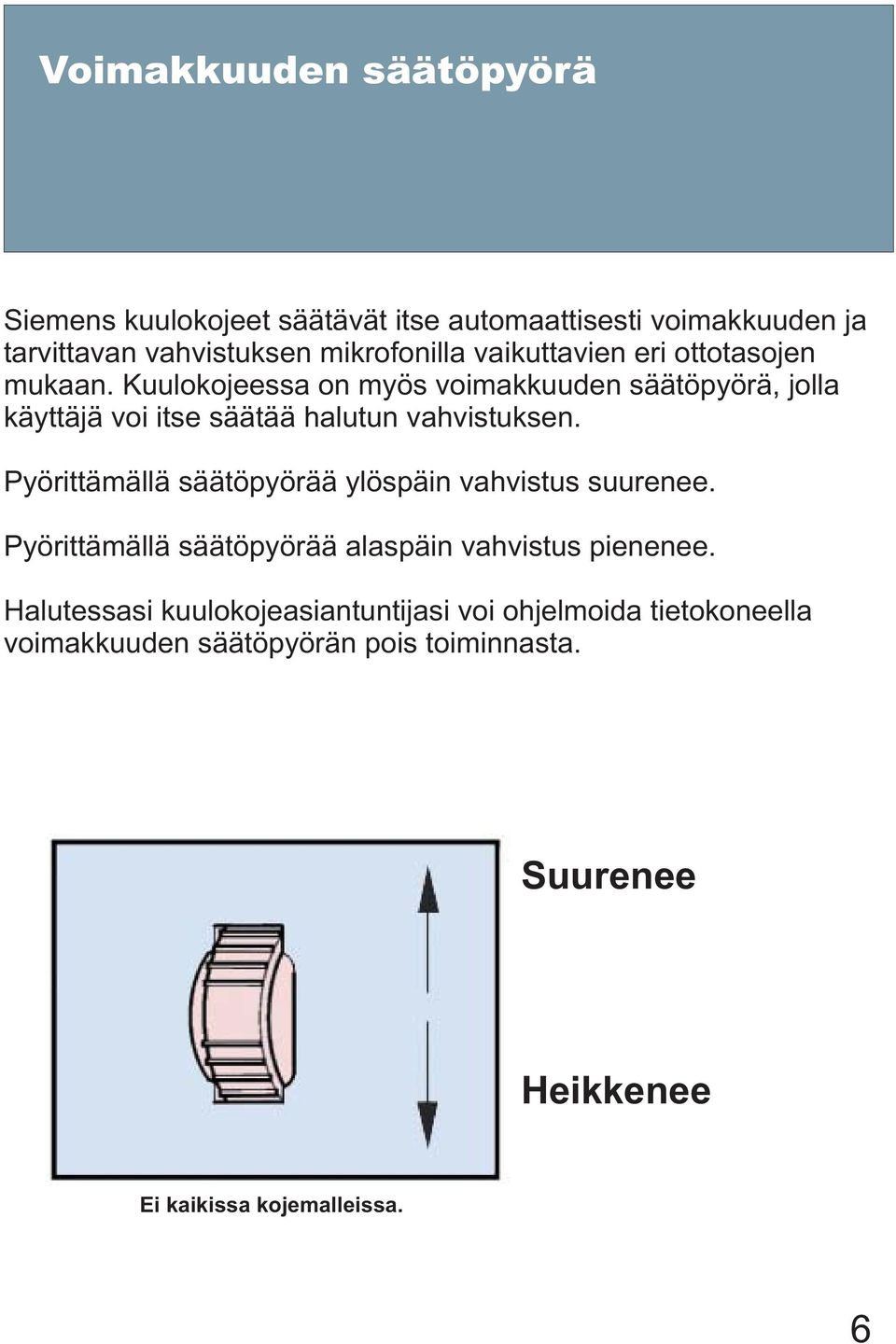 Kuulokojeessa on myös voimakkuuden säätöpyörä, jolla käyttäjä voi itse säätää halutun vahvistuksen.