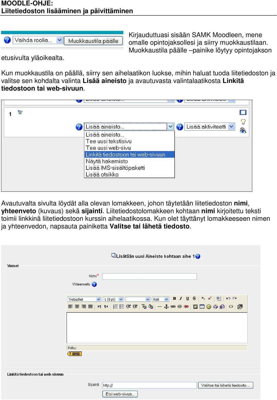 Lisää aineisto ja avautuvasta valintalaatikosta Linkitä tiedostoon tai web-sivuun.