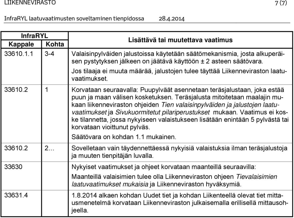 Jos tilaaja ei muuta määrää, jalustojen tulee täyttää Liikenneviraston laatuvaatimukset. 33610.