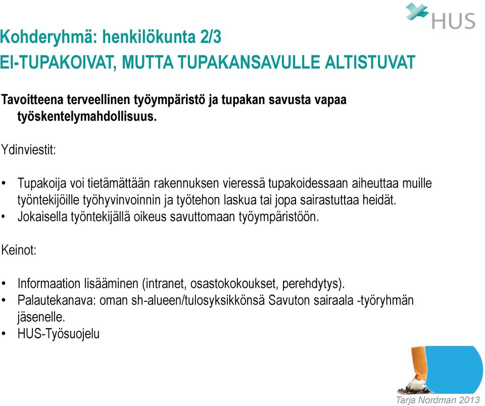 Tupakoija voi tietämättään rakennuksen vieressä tupakoidessaan aiheuttaa muille työntekijöille työhyvinvoinnin ja työtehon laskua tai jopa