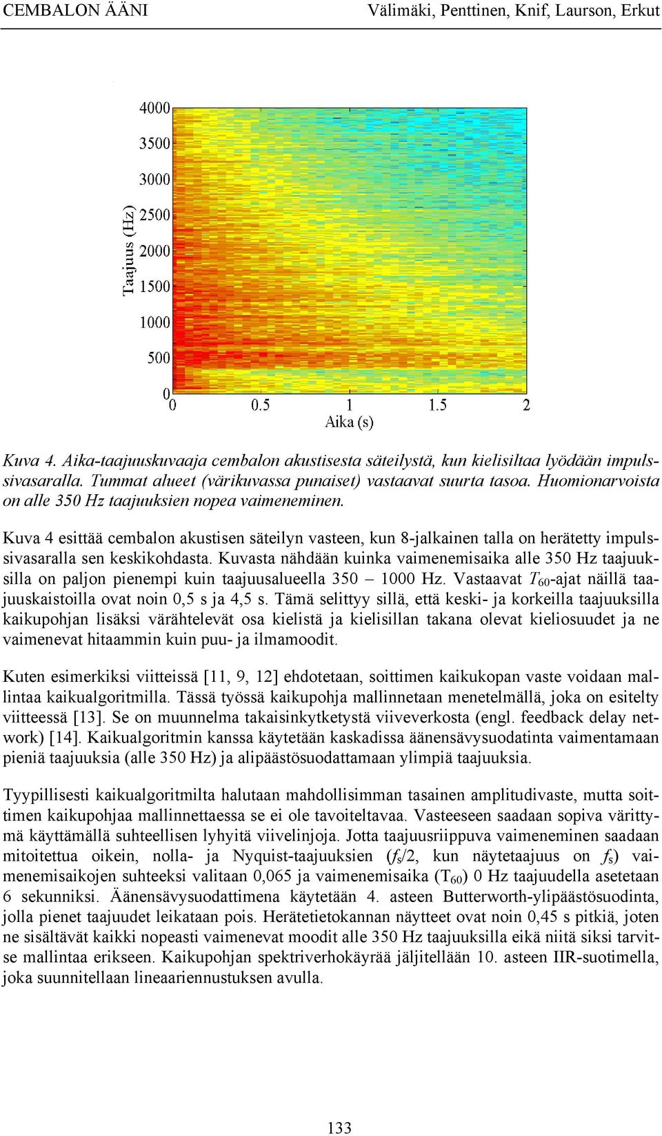 Kuva 4 esittää cembalon akustisen säteilyn vasteen, kun 8-jalkainen talla on herätetty impulssivasaralla sen keskikohdasta.