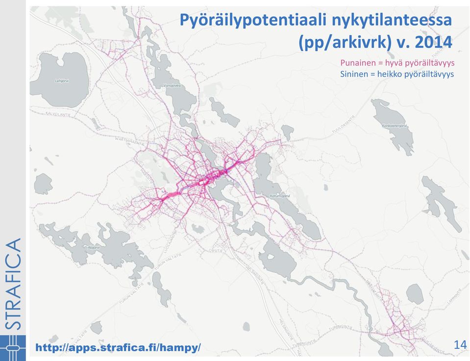 2014 Punainen = hyvä pyöräiltävyys