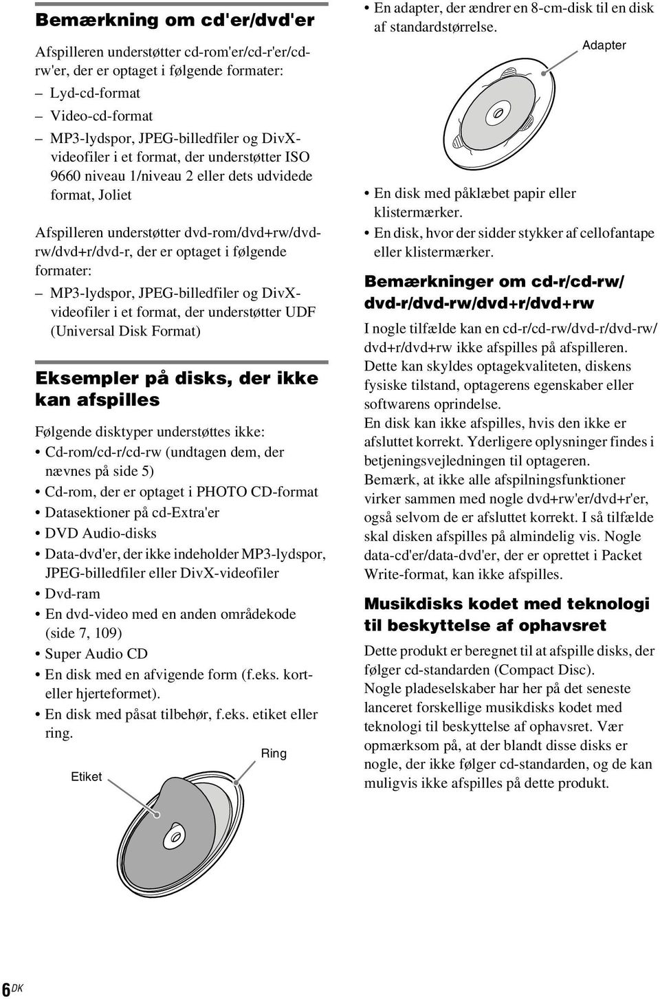 JPEG-billedfiler og DivXvideofiler i et format, der understøtter UDF (Universal Disk Format) Eksempler på disks, der ikke kan afspilles Følgende disktyper understøttes ikke: Cd-rom/cd-r/cd-rw