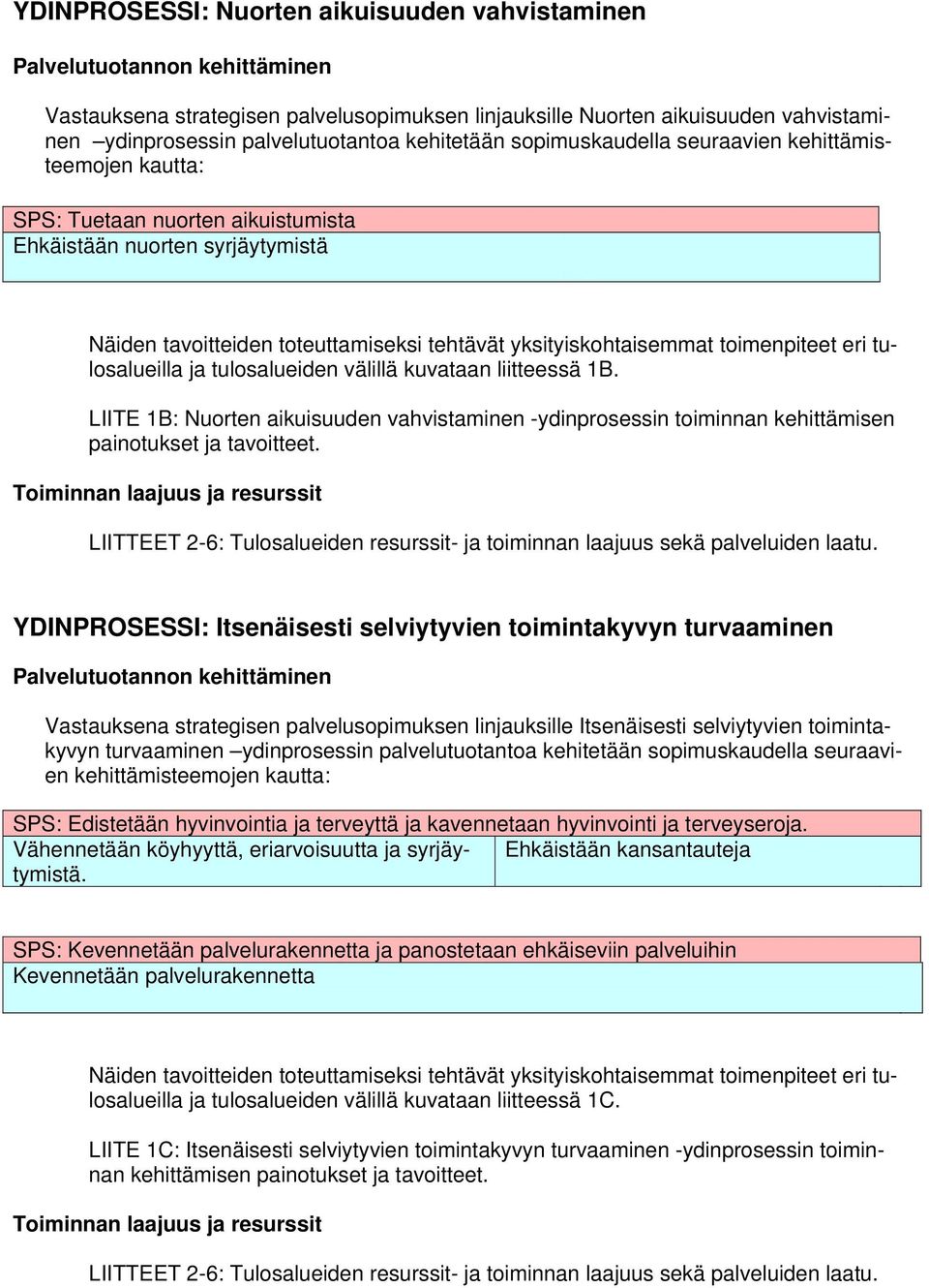 toimenpiteet eri tulosalueilla ja tulosalueiden välillä kuvataan liitteessä 1B. LIITE 1B: Nuorten aikuisuuden vahvistaminen -ydinprosessin toiminnan kehittämisen painotukset ja tavoitteet.