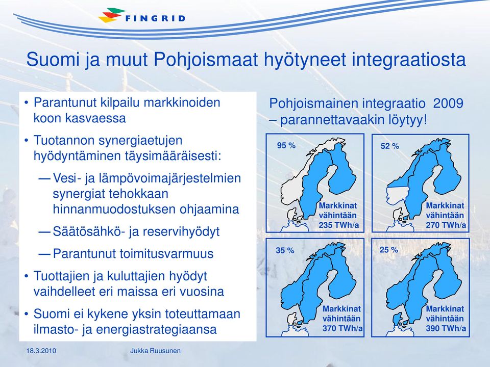kuluttajien hyödyt vaihdelleet eri maissa eri vuosina Suomi ei kykene yksin toteuttamaan ilmasto- ja energiastrategiaansa Pohjoismainen integraatio 2009