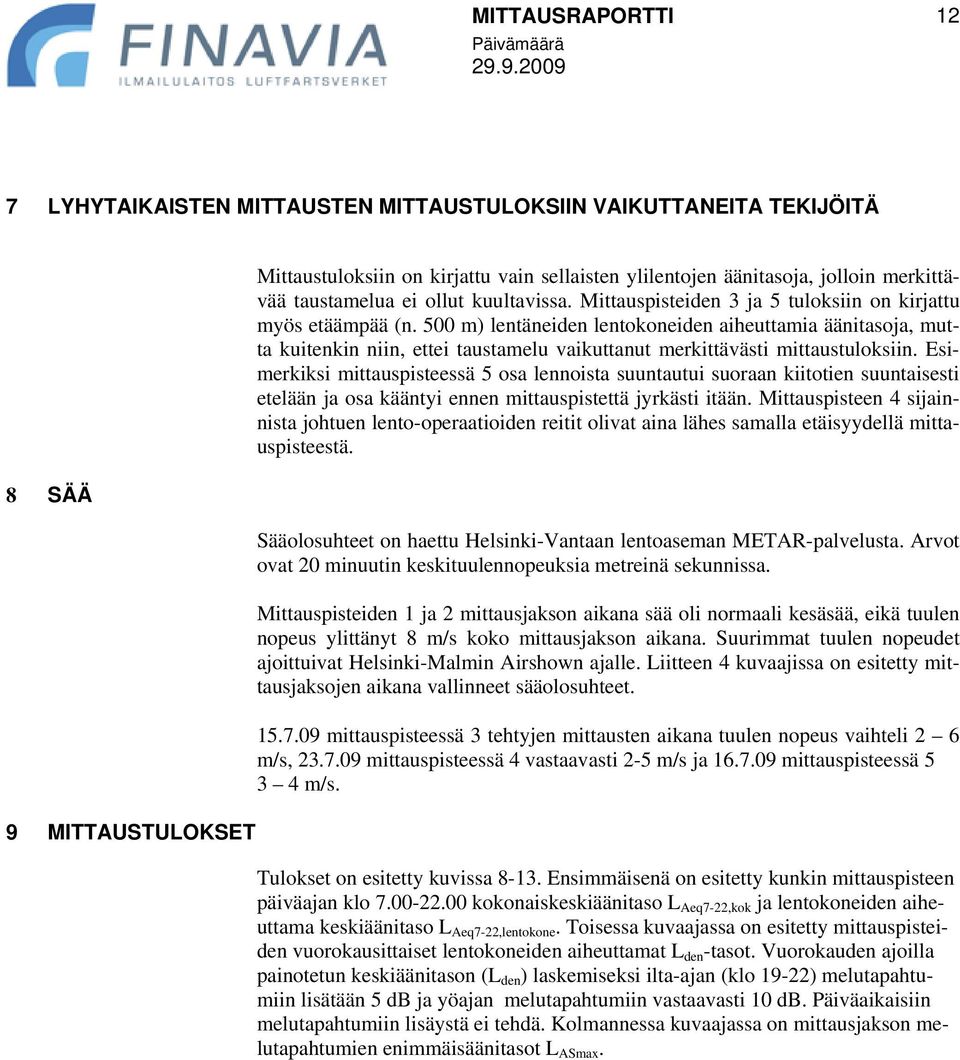 500 m) lentäneiden lentokoneiden aiheuttamia äänitasoja, mutta kuitenkin niin, ettei taustamelu vaikuttanut merkittävästi mittaustuloksiin.