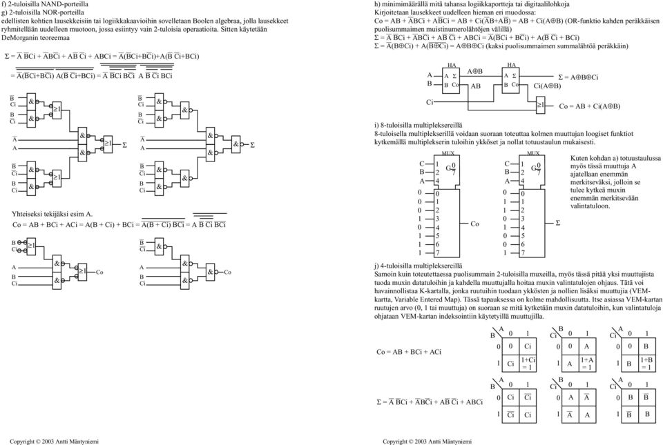 Sitten käytetään emorganin teoreemaa = i + i + i + i = (i+i)+( i+i) = (i+i) ( i+i) = i i i i h) minimimäärällä mitä tahansa logiikkaportteja tai digitaalilohkoja Kirjoitetaan lausekkeet uudelleen