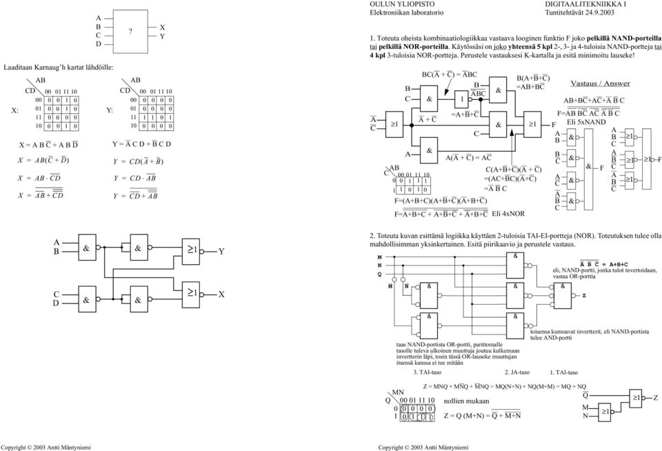 Käytössäsi on joko yhteensä 5 kpl -, - ja 4-tuloisia NN-portteja tai 4 kpl -tuloisia NOR-portteja. Perustele vastauksesi K-kartalla ja esitä minimoitu lauseke!
