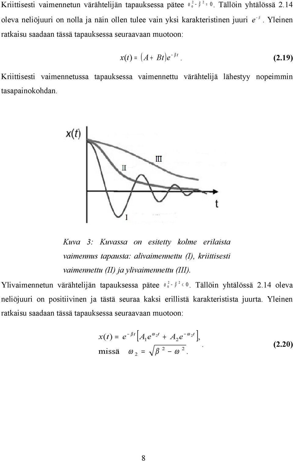 Kuva 3: Kuvassa on esitetty kolme erilaista vaimennus tapausta: alivaimennettu (I), kriittisesti vaimennettu (II) ja ylivaimennettu (III). Ylivaimennetun värähtelijän tapauksessa pätee ω 0 β < 0.