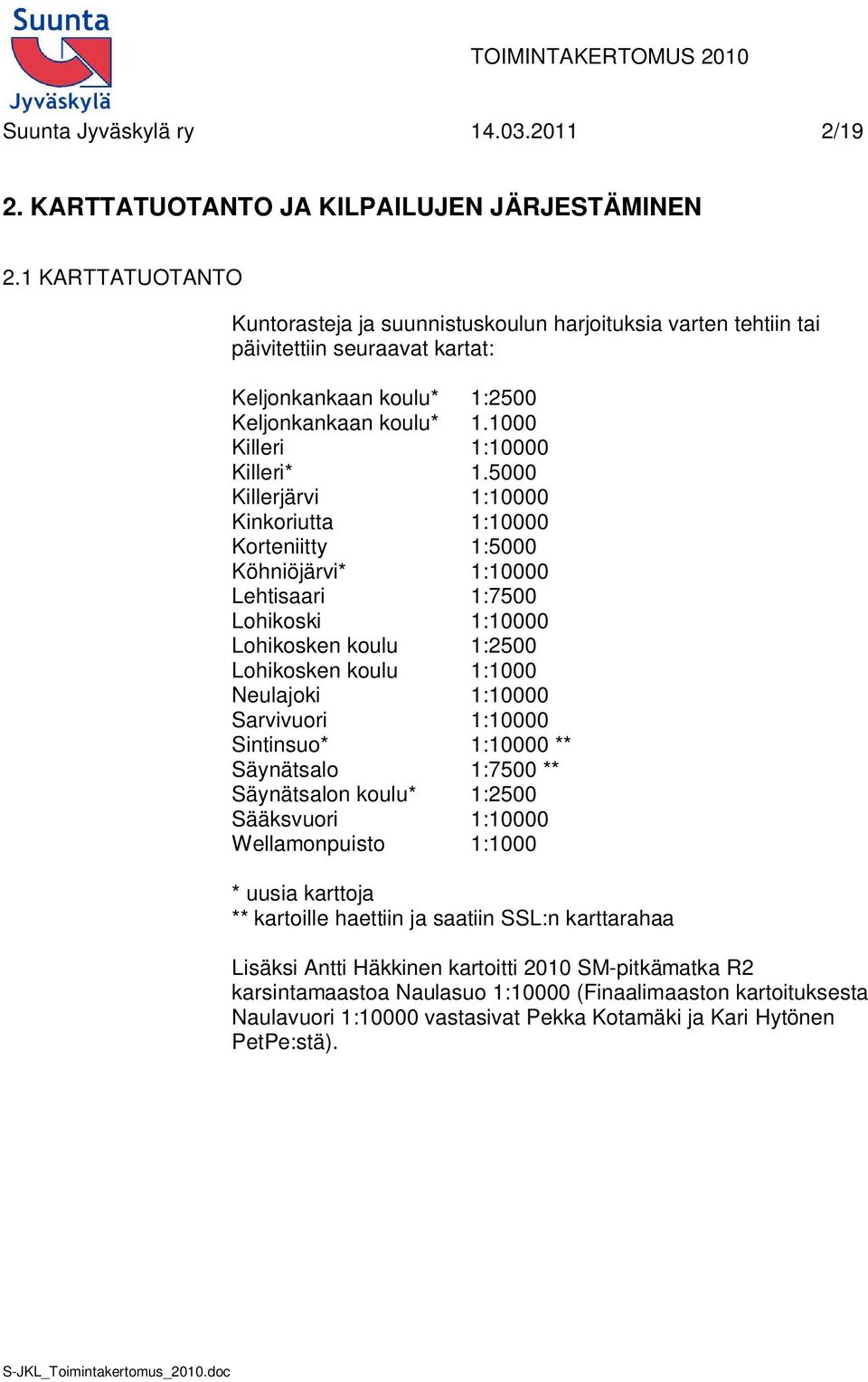 5000 Killerjärvi 1:10000 Kinkoriutta 1:10000 Korteniitty 1:5000 Köhniöjärvi* 1:10000 Lehtisaari 1:7500 Lohikoski 1:10000 Lohikosken koulu 1:2500 Lohikosken koulu 1:1000 Neulajoki 1:10000 Sarvivuori