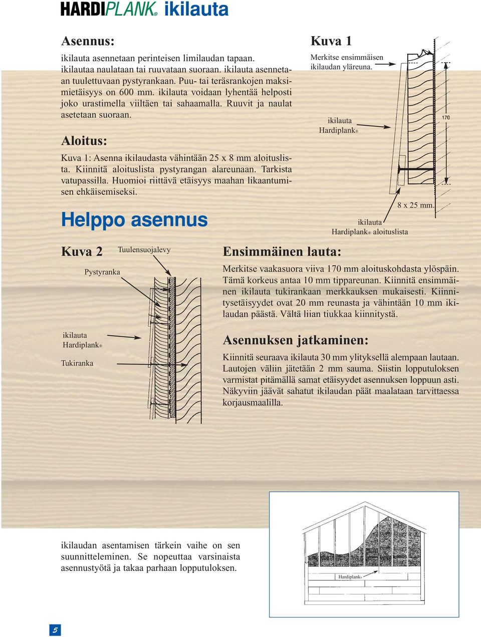 Kiinnitä aloituslista pystyrangan alareunaan. Tarkista vatupassilla. Huomioi riittävä etäisyys maahan likaantumisen ehkäisemiseksi.