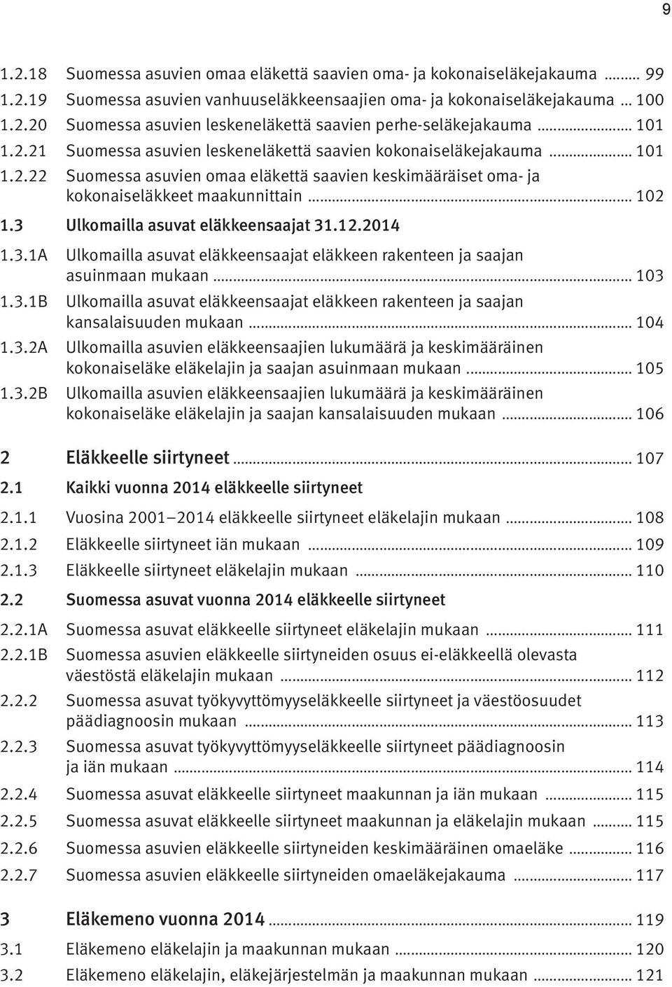 3 Ulkomailla asuvat eläkkeensaajat 31.12.2014 1.3.1A 1.3.1B 1.3.2A 1.3.2B Ulkomailla asuvat eläkkeensaajat eläkkeen rakenteen ja saajan asuinmaan mukaan.
