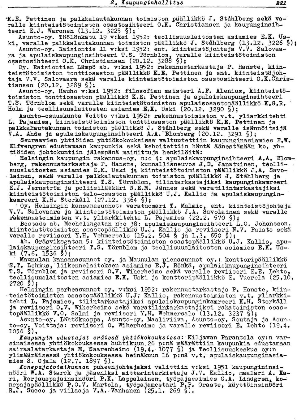 Raisiontie 11 v:ksi 1952: ent. kiinteistöjohtaja V.V. Salovaara ja apulaiskaupunginsihteeri T.S. Törnblom, varalle kiinteistö toimiston osastosihteeri O.K. Christiansen (20.12. 3288 ); Oy.