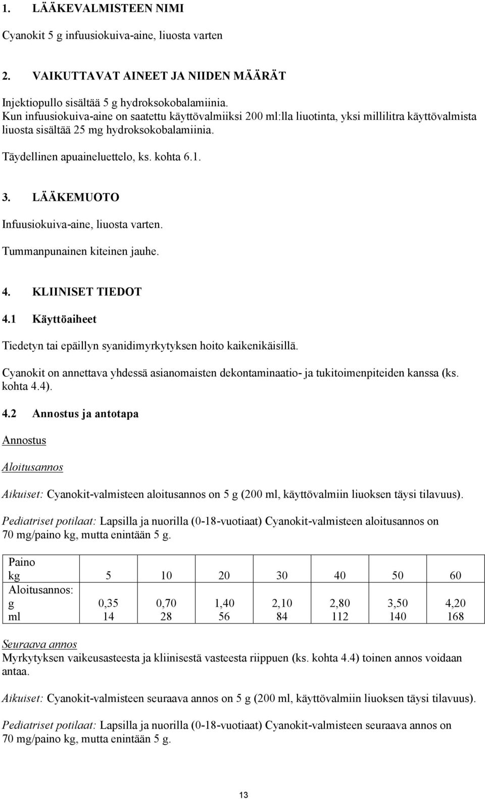 LÄÄKEMUOTO Infuusiokuiva-aine, liuosta varten. Tummanpunainen kiteinen jauhe. 4. KLIINISET TIEDOT 4.1 Käyttöaiheet Tiedetyn tai epäillyn syanidimyrkytyksen hoito kaikenikäisillä.