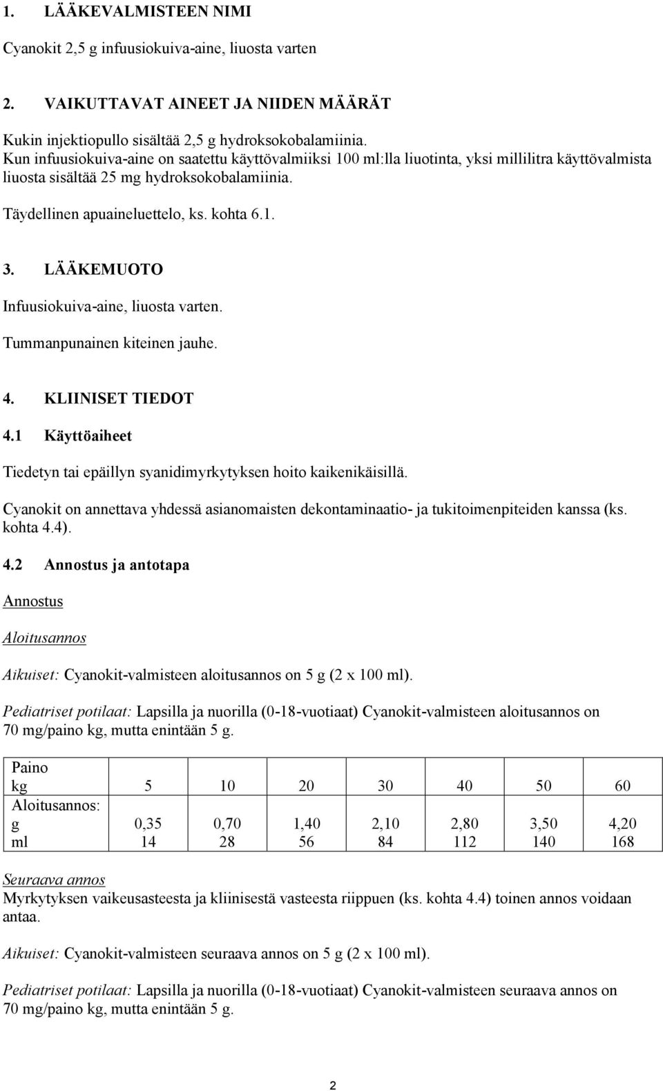 LÄÄKEMUOTO Infuusiokuiva-aine, liuosta varten. Tummanpunainen kiteinen jauhe. 4. KLIINISET TIEDOT 4.1 Käyttöaiheet Tiedetyn tai epäillyn syanidimyrkytyksen hoito kaikenikäisillä.