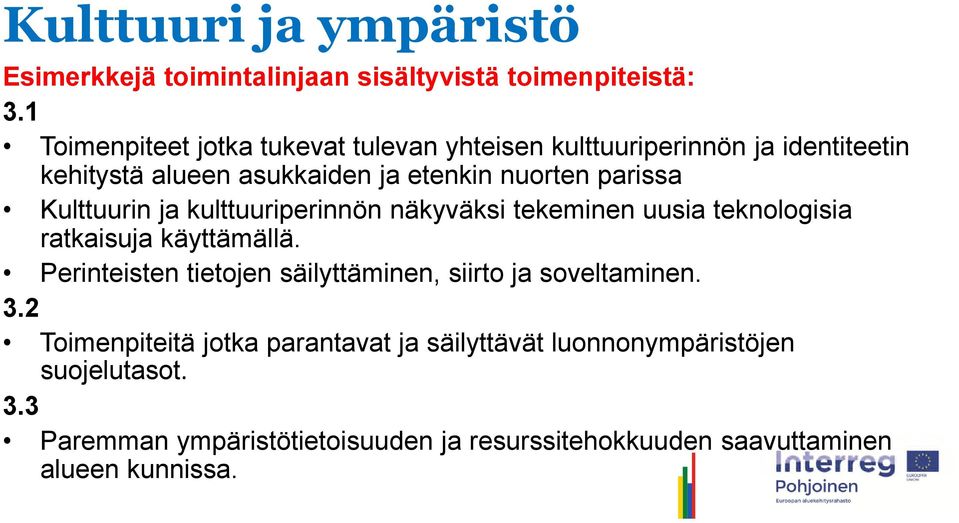 Kulttuurin ja kulttuuriperinnön näkyväksi tekeminen uusia teknologisia ratkaisuja käyttämällä.