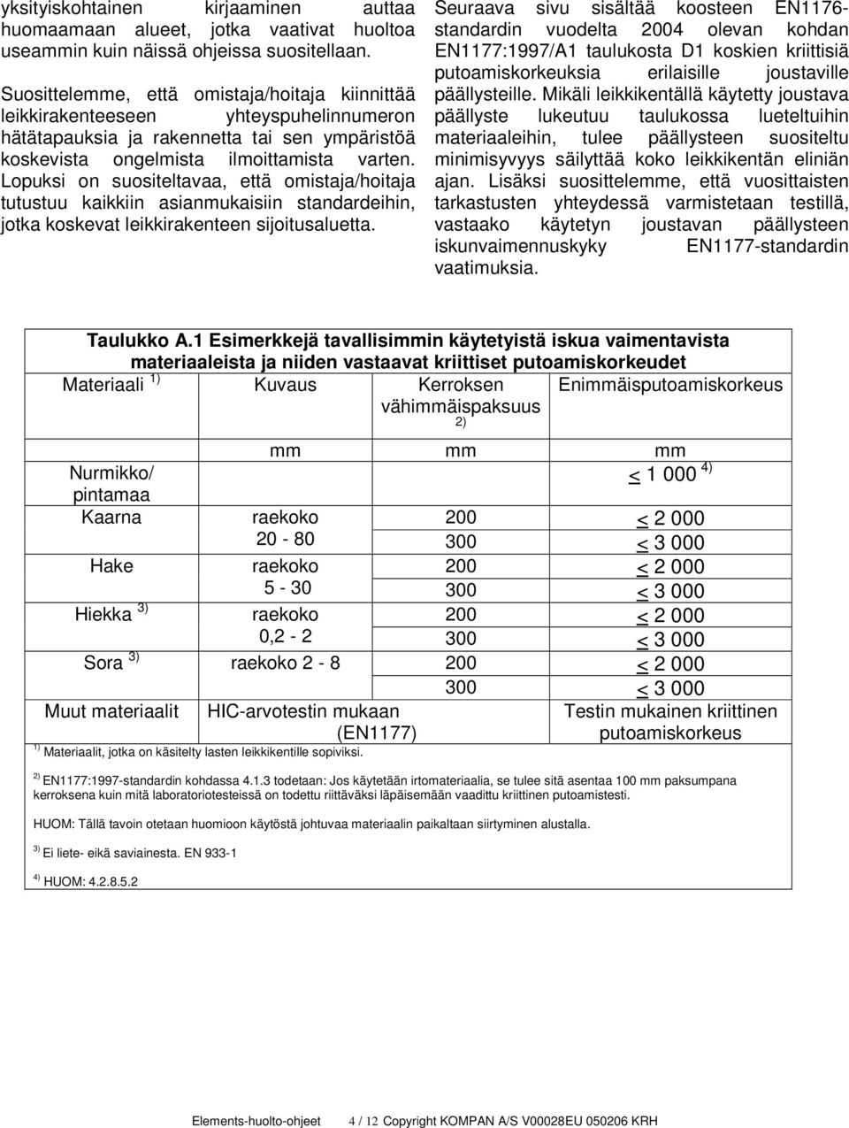 Lopuksi on suositeltavaa, että omistaja/hoitaja tutustuu kaikkiin asianmukaisiin standardeihin, jotka koskevat leikkirakenteen sijoitusaluetta.