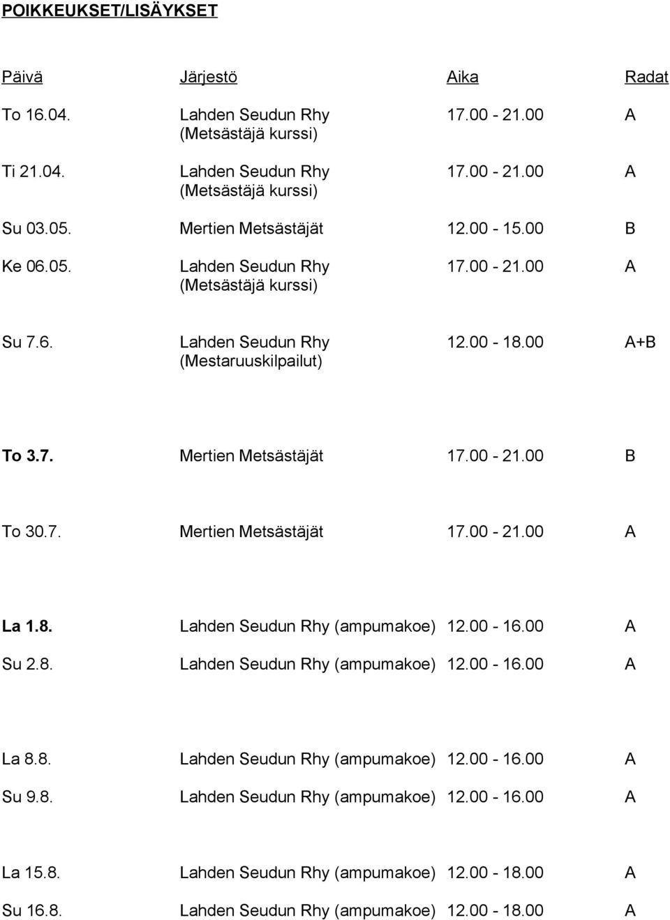 8. Lahden Seudun Rhy (ampumakoe) 12.00-16.00 A Su 2.8. Lahden Seudun Rhy (ampumakoe) 12.00-16.00 A La 8.8. Lahden Seudun Rhy (ampumakoe) 12.00-16.00 A Su 9.8. Lahden Seudun Rhy (ampumakoe) 12.00-16.00 A La 15.