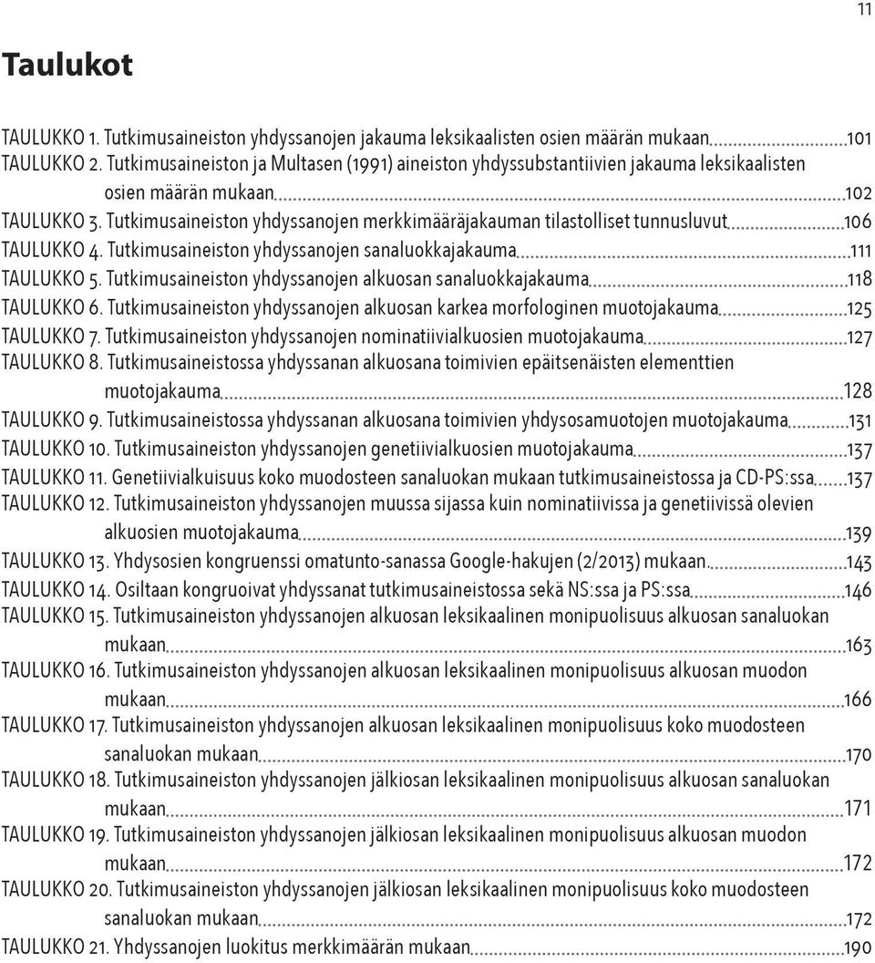 Tutkimusaineiston yhdyssanojen merkkimääräjakauman tilastolliset tunnusluvut 106 TAULUKKO 4. Tutkimusaineiston yhdyssanojen sanaluokkajakauma 111 TAULUKKO 5.