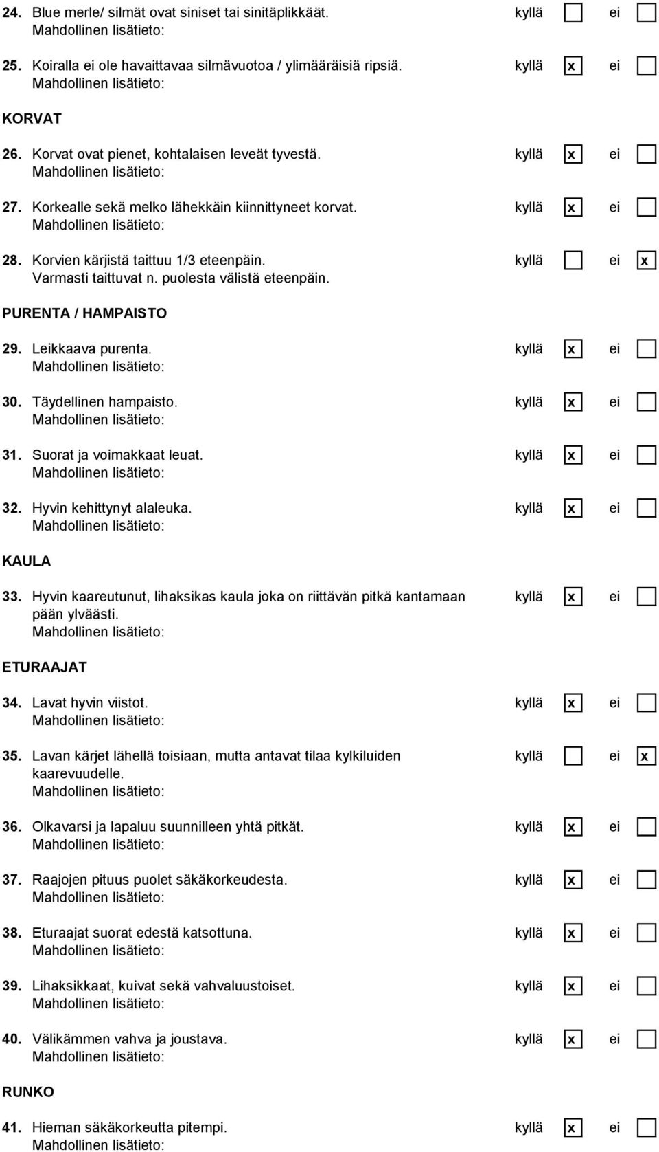 kyllä ei x Varmasti taittuvat n. puolesta välistä eteenpäin. PURENTA / HAMPAISTO 29. Leikkaava purenta. kyllä x ei 30. Täydellinen hampaisto. kyllä x ei 31. Suorat ja voimakkaat leuat. kyllä x ei 32.