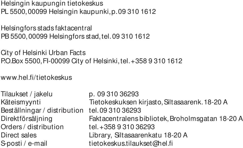 9 31 36293 Käteismyynti Tietokeskuksen kirjasto, Siltasaarenk. 18-2 A Beställningar / distribution tel.