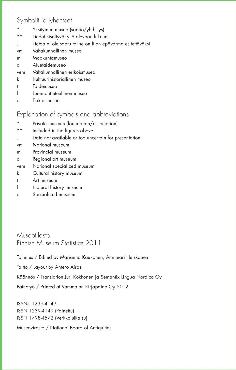 l Luonnontieteellinen museo e Erikoismuseo Explanation of symbols and abbreviations * Private museum (foundation/association) ** Included in the figures above.
