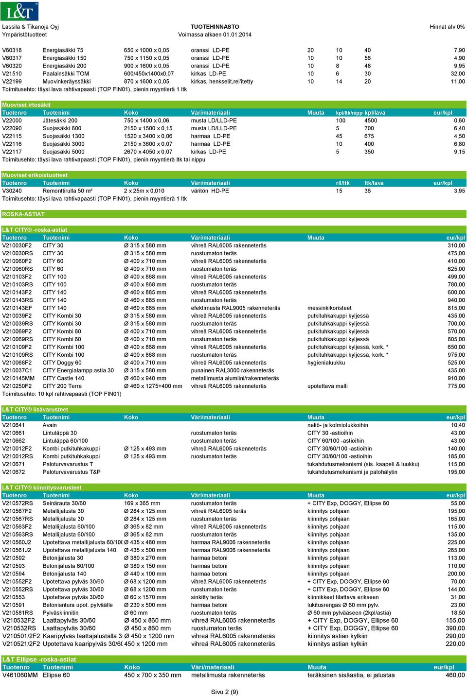 rahtivapaasti (TOP FIN01), pienin myyntierä 1 ltk Muoviset irtosäkit kpl/ltk/nippukpl/lava V22000 Jätesäkki 200 750 x 1400 x 0,06 musta LD/LLD-PE 100 4500 0,60 V22090 Suojasäkki 600 2150 x 1500 x