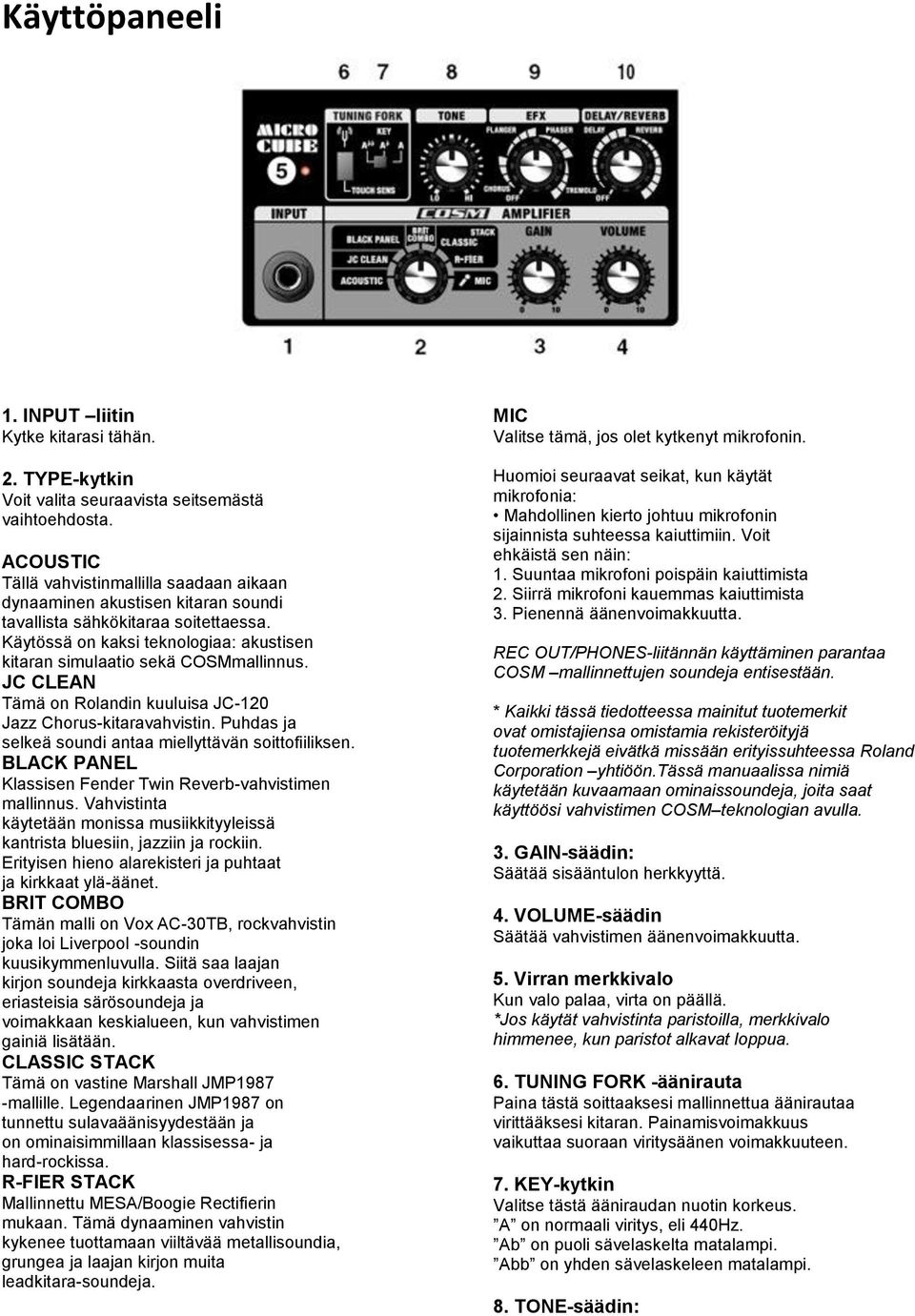 Käytössä on kaksi teknologiaa: akustisen kitaran simulaatio sekä COSMmallinnus. JC CLEAN Tämä on Rolandin kuuluisa JC-120 Jazz Chorus-kitaravahvistin.