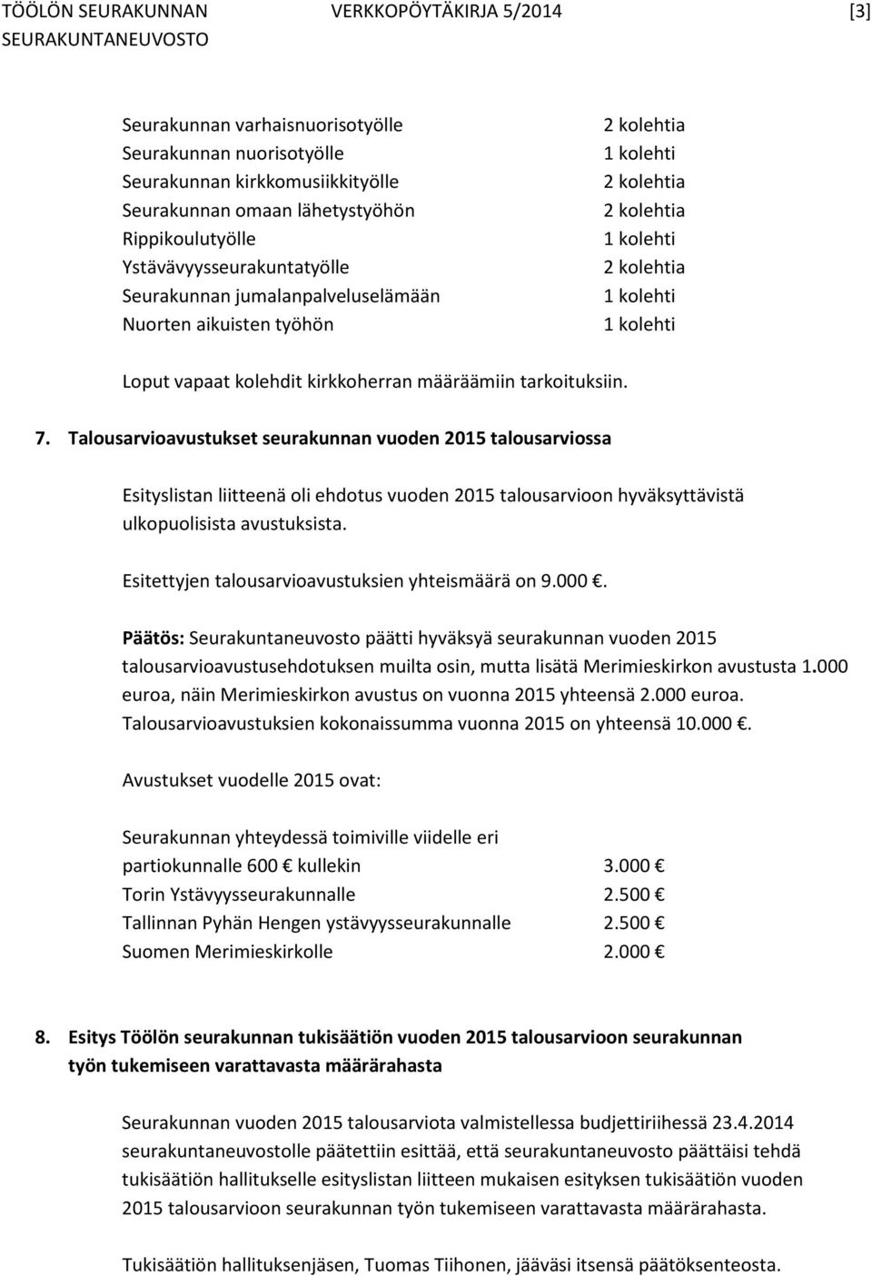 Talousarvioavustukset seurakunnan vuoden 2015 talousarviossa Esityslistan liitteenä oli ehdotus vuoden 2015 talousarvioon hyväksyttävistä ulkopuolisista avustuksista.