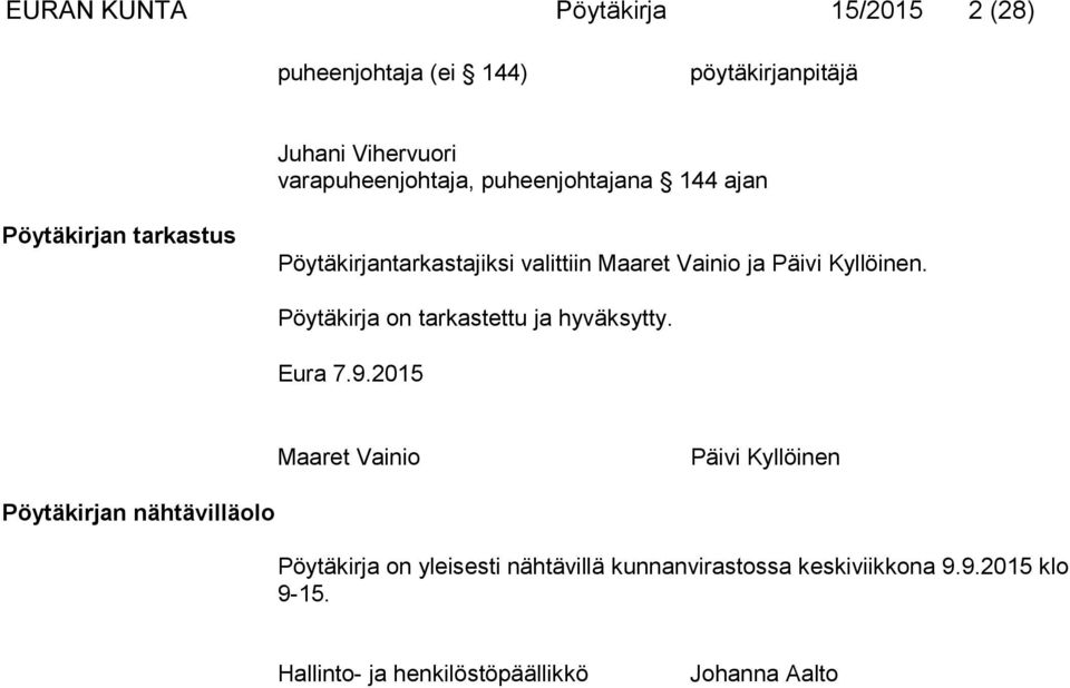 Pöytäkirja on tarkastettu ja hyväksytty. Eura 7.9.