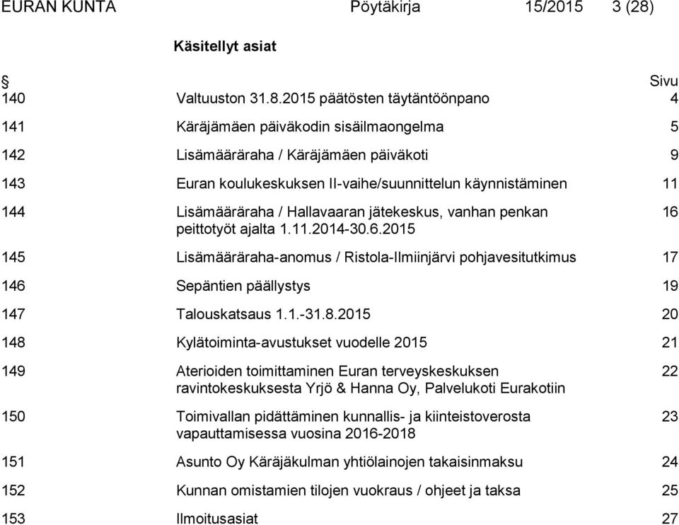 2015 päätösten täytäntöönpano 4 141 Käräjämäen päiväkodin sisäilmaongelma 5 142 Lisämääräraha / Käräjämäen päiväkoti 9 143 Euran koulukeskuksen II-vaihe/suunnittelun käynnistäminen 11 144